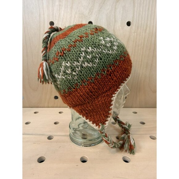 D&Y 100% Wool Knit Earflap Beanie Hat Fleece Lined Nepal Orange Green Nordic - Picture 2 of 12